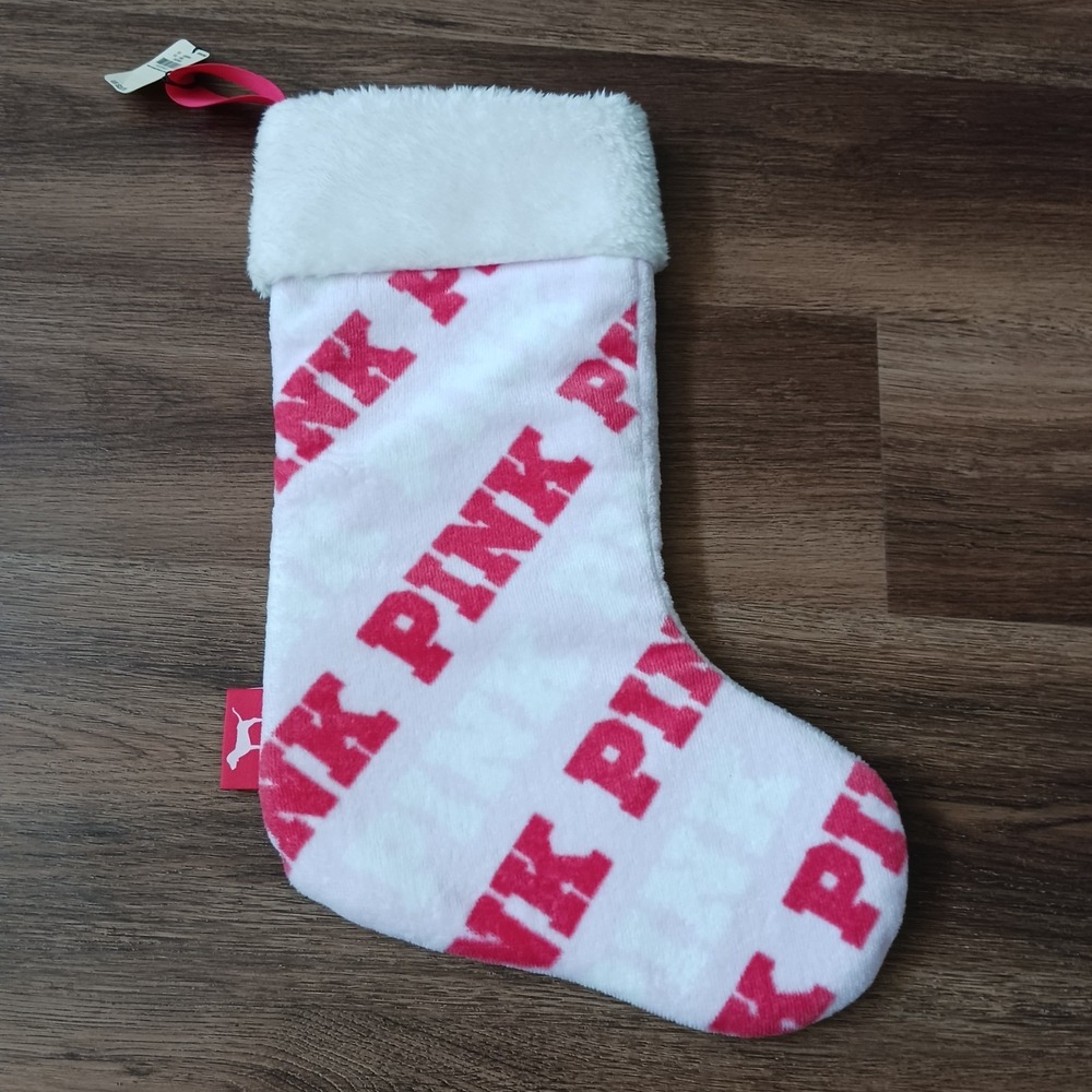 Victorias Secret Pink Santa Christmas Holiday Terry Stocking White Pink‎ Red New